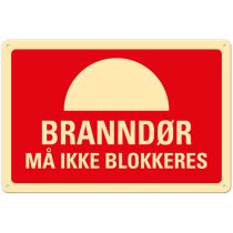 Brannskilt: "Branndør må ikke blokkeres", metall, 30 x 20 cm