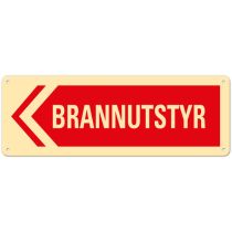 Brannskilt: "Brannutstyr" venstre, metall, 34 x 12 cm