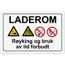 Kombiskilt: "Laderom – Røyking og bruk av ild forbudt", metall, 30 x 20 cm