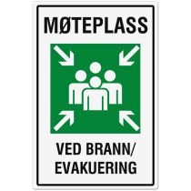 Opplysningsskilt: "Møteplass – Ved brann/evakuering", aluminium, 50 x 70 cm