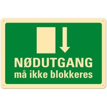 Rømningsveiskilt: "Nødutgang – Må ikke blokkeres", metall, 30 x 20 cm