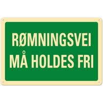 Rømningsveiskilt: "Rømningsvei må holdes fri", metall, 30 x 20 cm