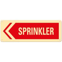 Brannskilt: "Sprinkler" venstre, metall, 34 x 12 cm