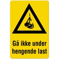 Fareskilt: "Gå ikke under hengende last", metall, 20 x 30 cm