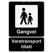 Privatrettslig skilt: "Gangvei – Varetransport tillatt", aluminium, 50 x 70 cm